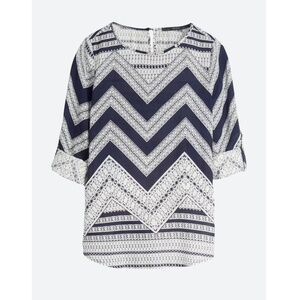 Fun2Fun Chevron Print Roll Tab Blouse Navy White XL EUC